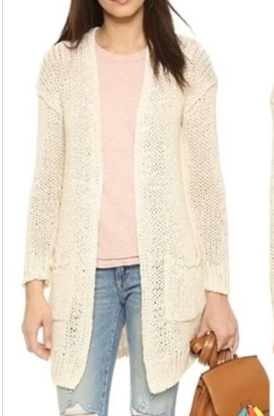 Free People Crochet Knit Open Cardigan Sweater Duster Cream Tan Small